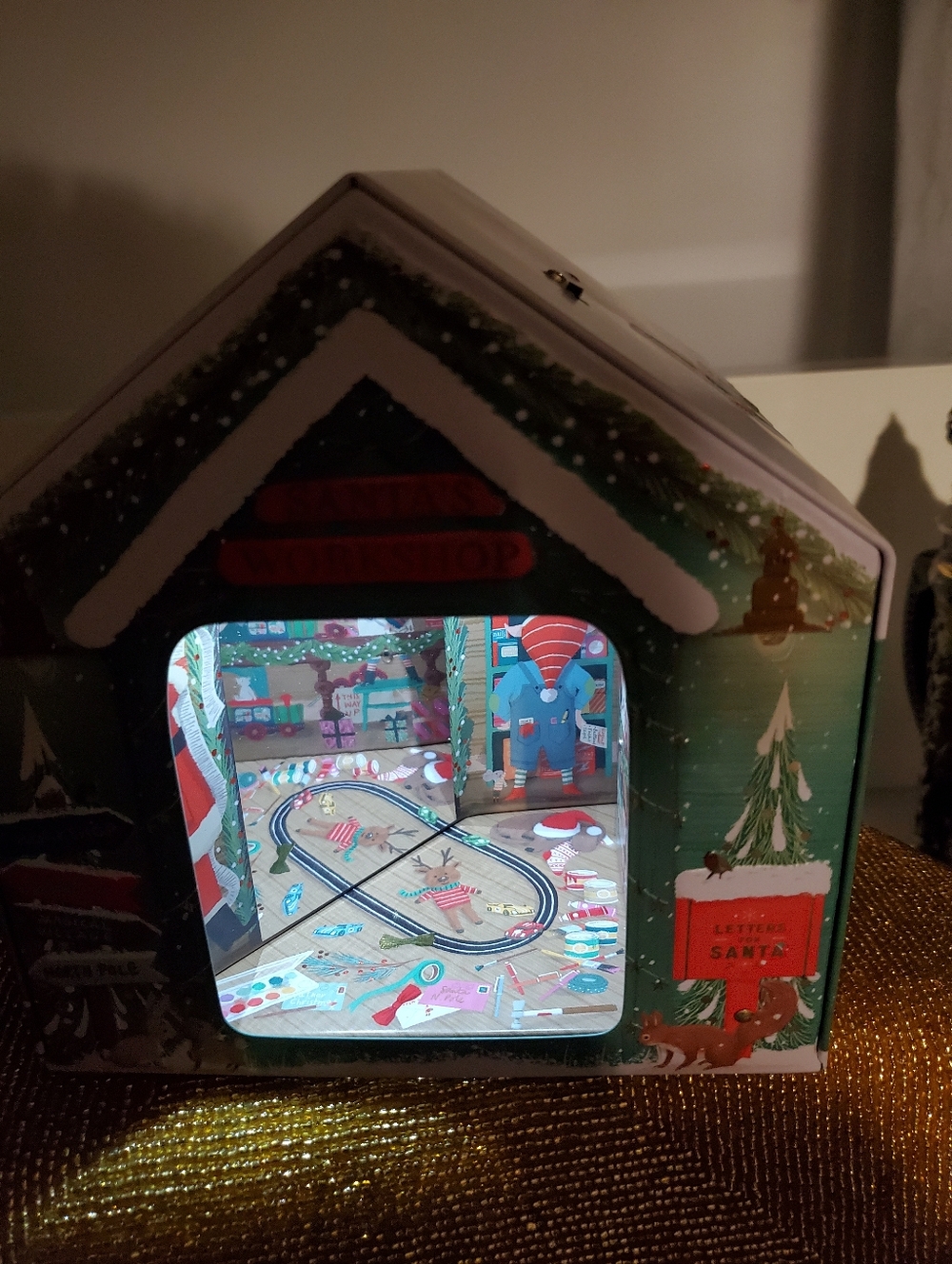 M&S MUSICAL LIGHT UP SANTA'S WORKSHOP TIN ONLY (C39)